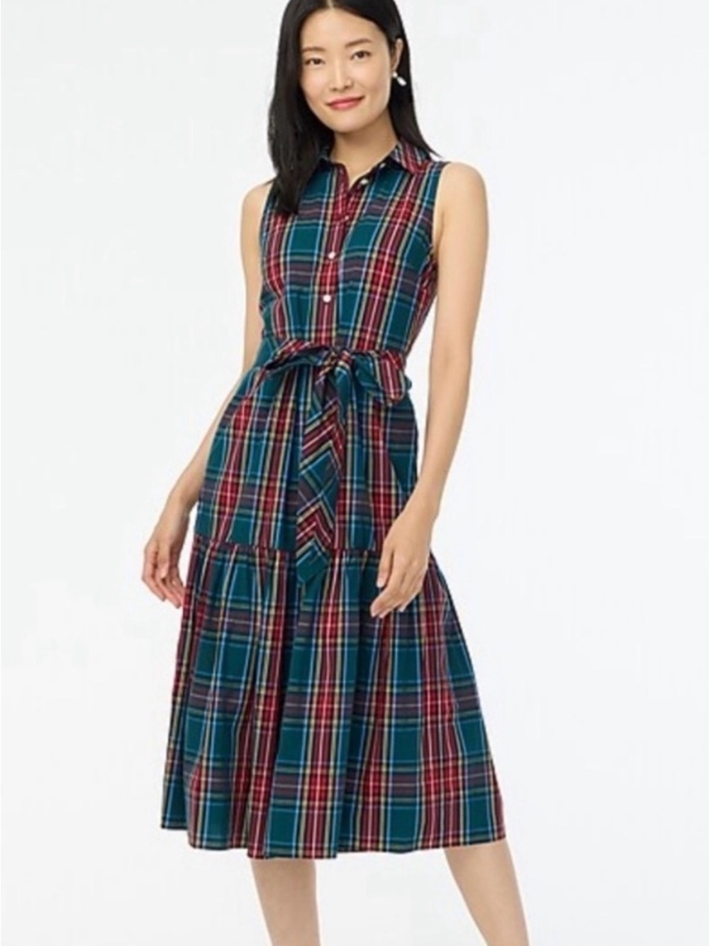 J Crew Sleeveless Teal & Red Plaid Tie-Waist Shirt Dress - Size 6